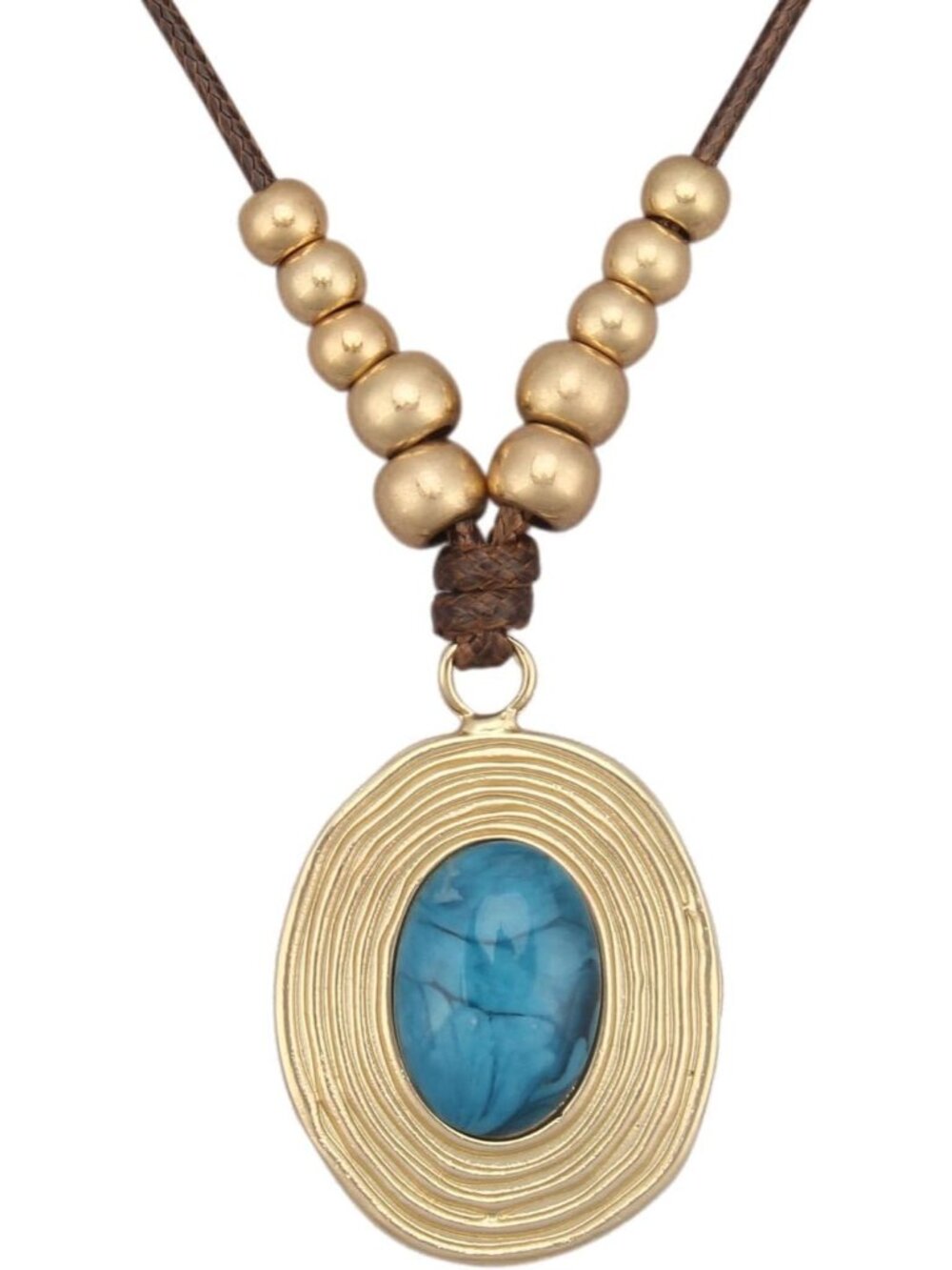 Women's Boho Gold Double Hoop Pendant Necklace Turquoise Bead Cord Choker